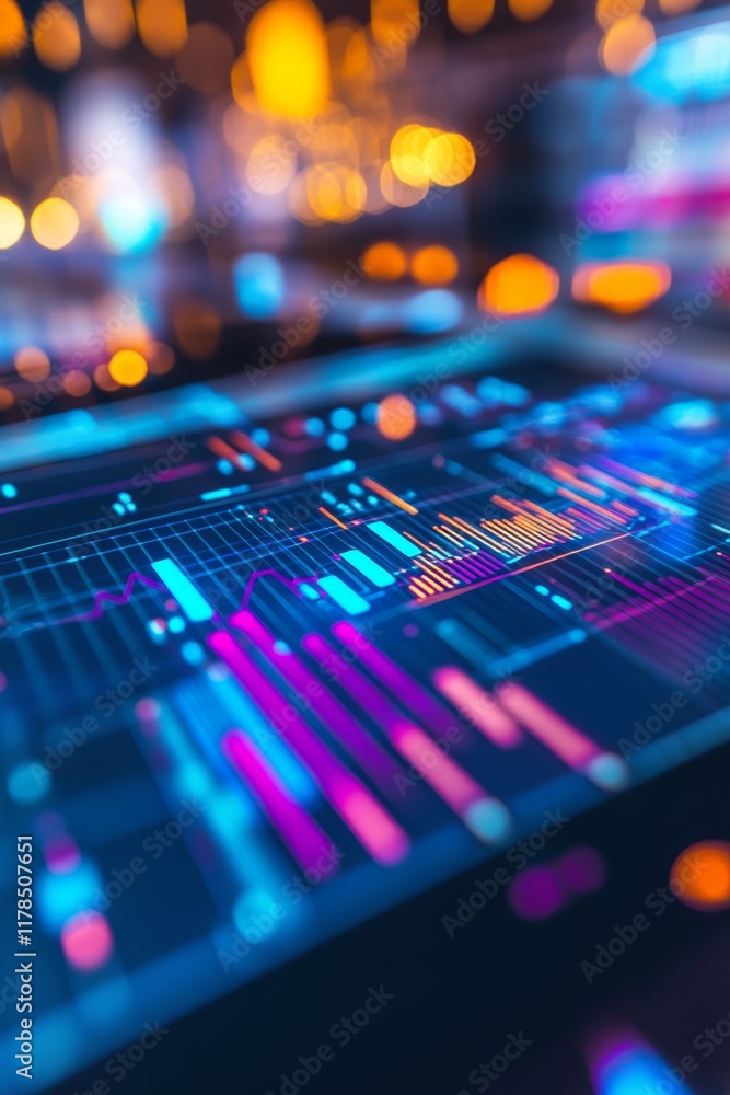 Poster pov perspective of digital device displaying colorful data visualization with bokeh background effec