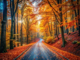 Empty Autumn Road, Long Exposure Forest