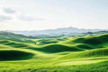 Fototapeta premium Rolling green hills stretch under a bright sky showcasing nature's beauty in a serene landscape setting