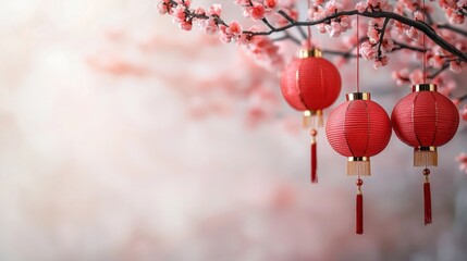 Celebration of lanterns in blooming cherry blossom garden decorative art serene atmosphere