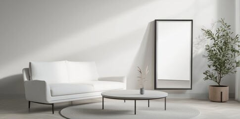 Light-filled living room with white loveseat, simple coffee table, and a sharp-angled mockup frame for ads.