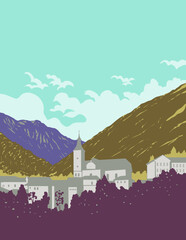 WPA poster art of the market town of Ebensee am Traunsee in the Traunviertel region of Upper Austria with the Salzkammergut Mountains in background done in works project administration style.  © Redwater Vectors