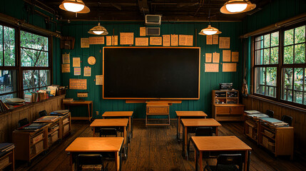 A Vintage Classroom's Serene Charm. This image captures the essence of classic education, with wooden desks, a chalkboard, and warm lighting creating a nostalgic and inviting atmosphere.