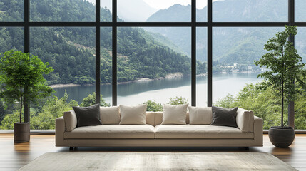 Obraz premium Sleek sofa facing large panoramic window with serene mountain view