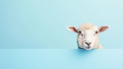 Fototapeta premium A playful sheep looking over a barrier.