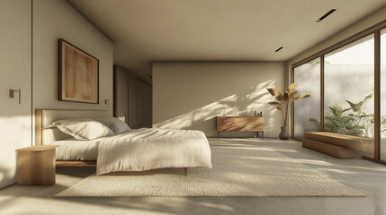 Modern minimal bedroom with king sized bed and natural light