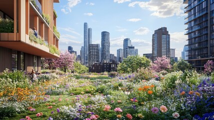Fototapeta premium A vibrant rooftop garden filled with colorful flowers against a backdrop of a modern city skyline under a clear blue sky.