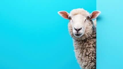 Obraz premium A cheerful sheep behind a blue surface