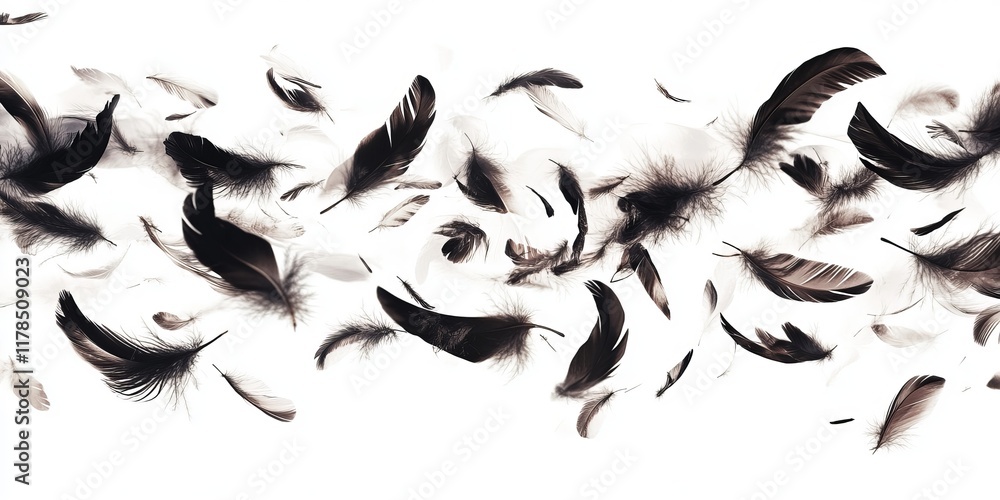 Poster a dynamic arrangement of black and white feathers gracefully floating on a white backdrop, creating 