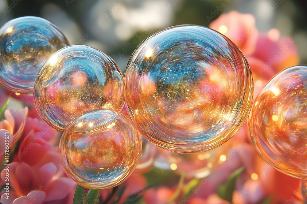 Poster floating soap bubbles reflecting garden in sunset light.