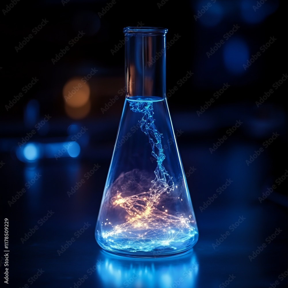 Aufkleber a glowing molecular structure inside a laboratory flask, symbolizing futuristic science and innovati