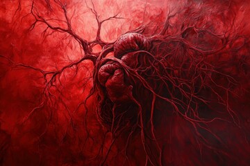 Obraz premium Intricate artwork depicting the connection between heart and mind through vivid red tones and detailed anatomical elements