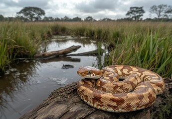 A Beautiful Boa Constrictor Sits Gracefully on a Log by a Serene Wetland Surrounded by Lush Green Grass and Overcast Skies, Showcasing Nature's Tranquility and Wildlife Diversity