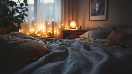 Cozy bedroom with soft textured bedding and warm lighting ambiance