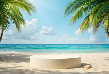 Summer travel poster banner display podium with sand and summer beach scene design background

