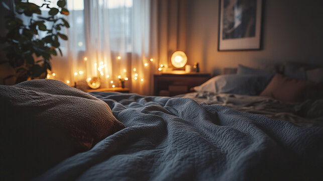 Cozy bedroom with soft textured bedding and warm lighting ambiance
