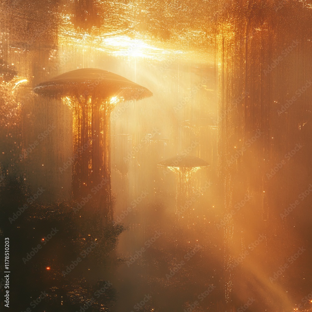 Poster a mesmerizing scene of a futuristic alien landscape with glowing structures and ethereal light, evok