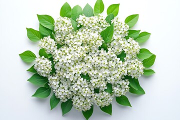 A cluster of small white flowers with green leaves on a white background.