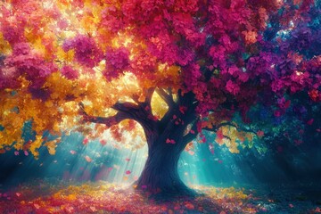 Colorful autumn tree with rays of sunlight illuminating a vibrant forest landscape in a magical setting