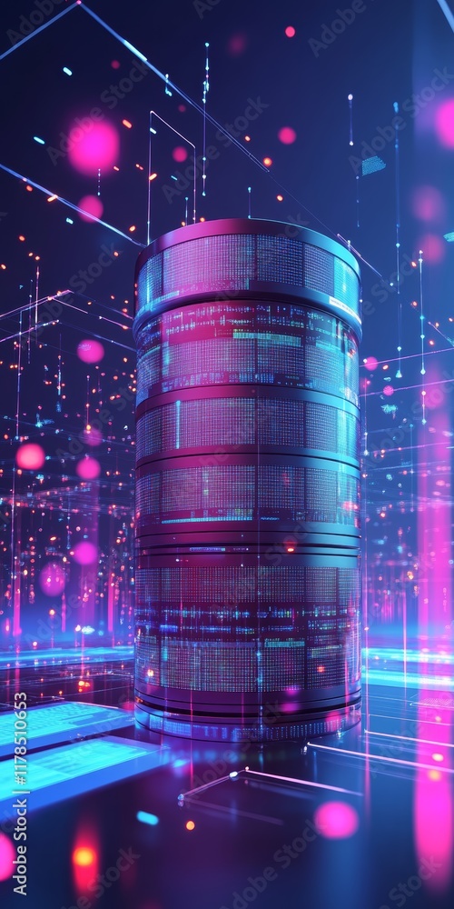 Poster this image showcases a realistic representation of a data server within a vibrant big data environme