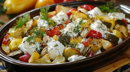 Vibrant Baked Vegetables Served with Flavorful Herb Quark - Tasty and Colorful Food Scene
