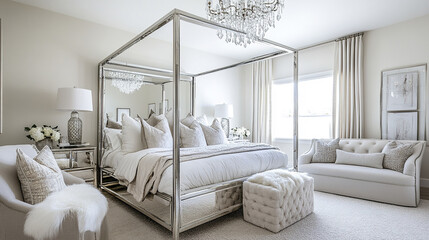 Luxurious bedroom with mirrored canopy bed and elegant decor