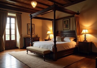 Cozy and elegant four-poster bedroom with warm lighting and wooden beams