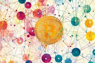Visual representation of cryptocurrency network with Bitcoin symbol in a colorful abstract design