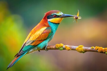 Obraz premium European Bee-Eater, Colorful Bird, Drone Photography, Nature, Wildlife, Bird in Flight, Insect, Branch, Close-up, High-Resolution, Stunning, Detail, Vivid Colors, Aerial View, Beautiful, Sharp Focus,
