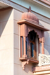 A close view of a window with ancient arches and columns. Pushkar, Rajasthan, India, 28 Jan 2024