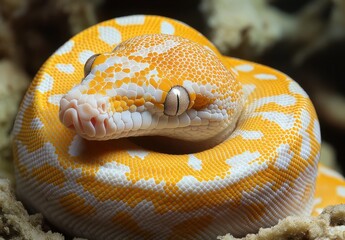 Fototapeta premium Captivating Close-Up of a Vibrant Yellow and White Snake Relaxing on a Bed of Soft Sand, Showcasing Its Unique Pattern and Serene Nature in a Natural Environment