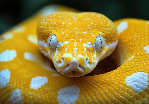 Captivating Close-Up of a Vibrant Yellow Python with Distinct White Spots Showcasing Its Intricate Features and Unique Expressions in a Natural Setting