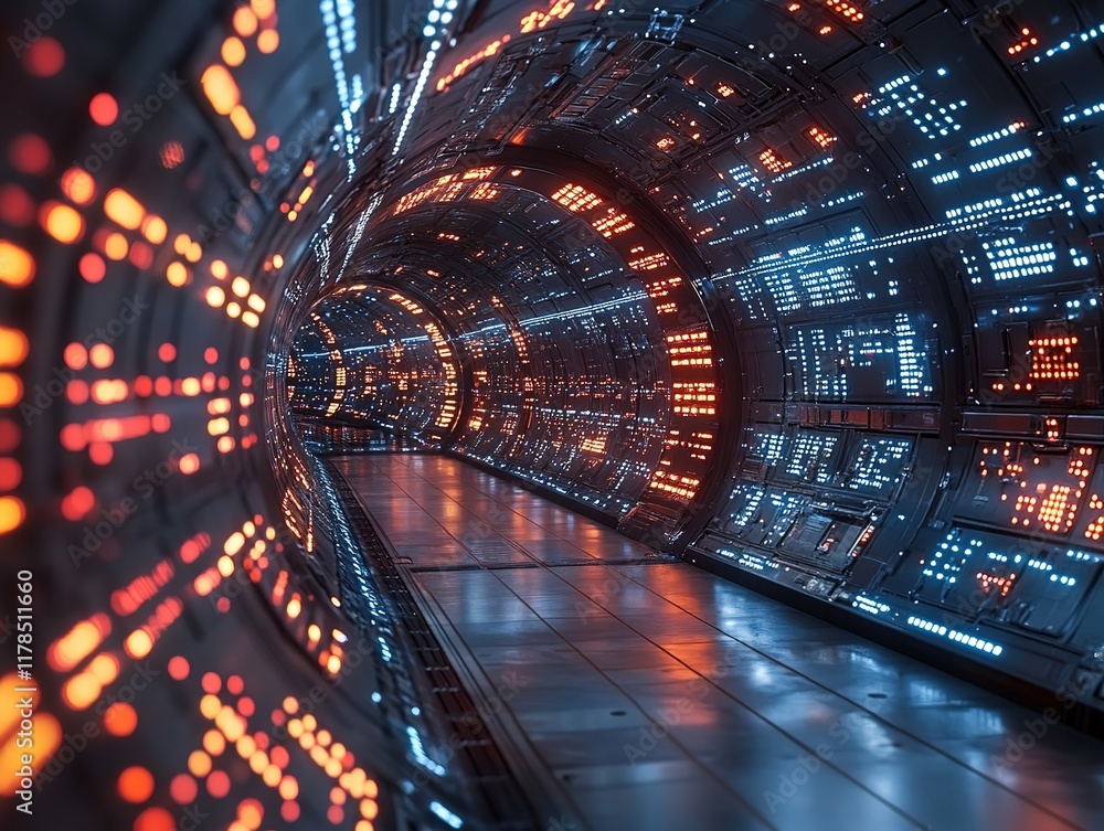 Poster futuristic spaceship corridor with glowing panels and data stream.
