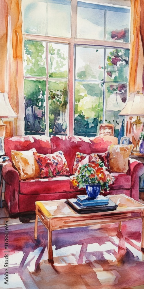 Poster a red couch with pillows and a vase of flowers on it. a table with a book and a vase of flowers. a l