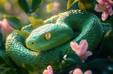 Fototapeta premium Captivating Green Snake Coiled Among Vibrant Pink Flowers in Lush Greenery Under Soft Sunlight, Creating a Tranquil and Serene Nature Scene