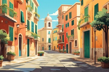 Fototapeta premium Travel poster illustration building street town.