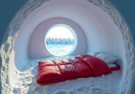 Cozy igloo bedroom with red bedding surrounded by snowy landscape during winter