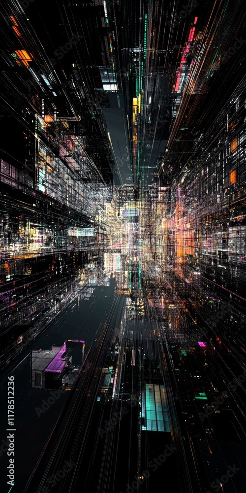 Poster navigating through a digital network visualizing futuristic urban connections with abstract designs