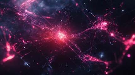 Fototapeta premium Abstract pink and blue energy bursts and glowing particles in dark space.