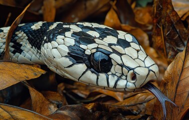 Close-Up of a Beautiful Black and White Snake Head Peering Through Dry Leaves in Its Natural Habitat, Highlighting Intricate Scale Patterns and Serpent Features