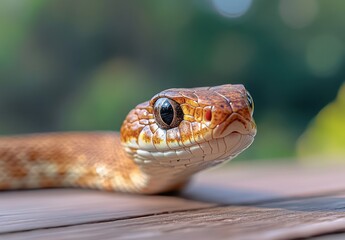 Fototapeta premium Close-Up of a Beautiful Brown and White Snake with Intricate Scales and Glossy Eyes against a Soft Blurred Natural Background in a Serene Setting