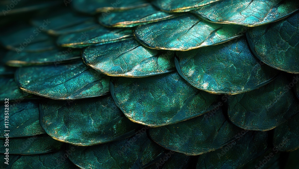 Poster close-up of a beautiful iridescent green leaf texture with shiny surface and unique patterns, perfec