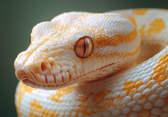 Fototapeta premium Close-Up of a Beautiful Morph of an Albino Snake with Striking Yellow-Orange Patterns Displaying Intricate Scale Texture Against a Subtle Green Background