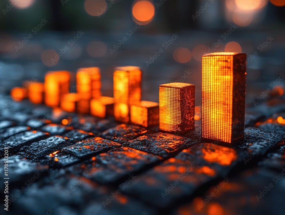 Poster glowing bar graph on wet cobblestones at night with bokeh.