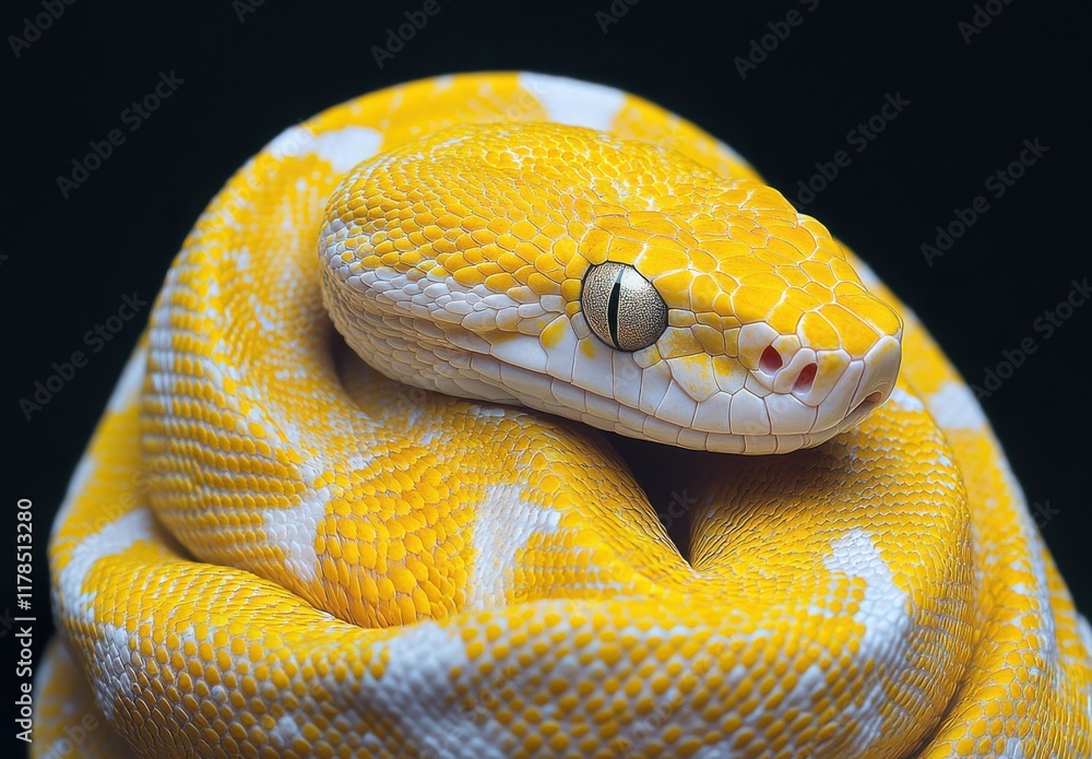 Poster close-up of a beautiful yellow and white python displaying unique coloration and intricate scale pat
