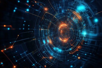 Dynamic abstract digital design showcasing glowing blue and orange lines in a circular formation