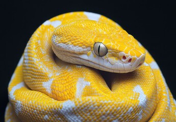 Fototapeta premium Close-Up of a Beautiful Yellow and White Python Displaying Unique Coloration and Intricate Scale Patterns Against a Dark Background