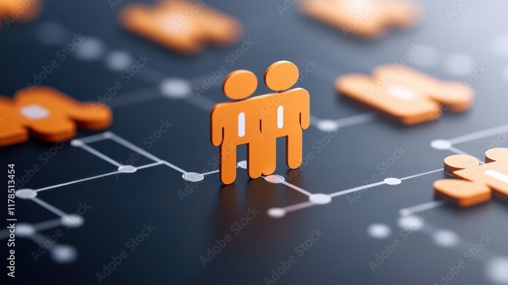 Poster person exploring a network of interconnected orange and white dots, visual representation of data fl