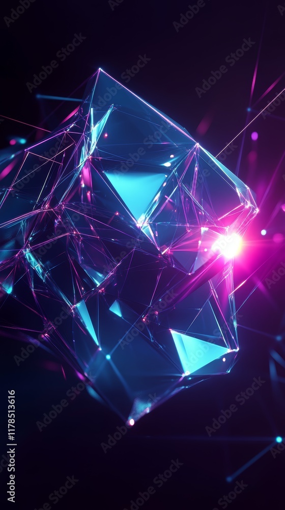 Poster a blue and purple cube with a light shining on it. the cube is made of a material that is not solid,