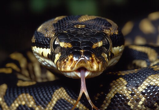 Close-Up of a Black and Yellow Python Displaying Its Unique Scales and Tongue in a Natural Environment, Showcasing the Beauty of Reptilian Wildlife